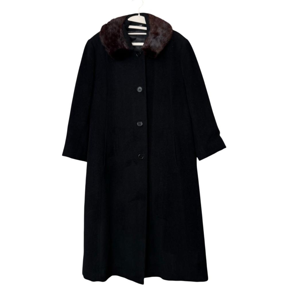 Vintage Made in Italy Rodel Spa 100% Virgin Wool Mink Neck Long Coat Black Sz 12